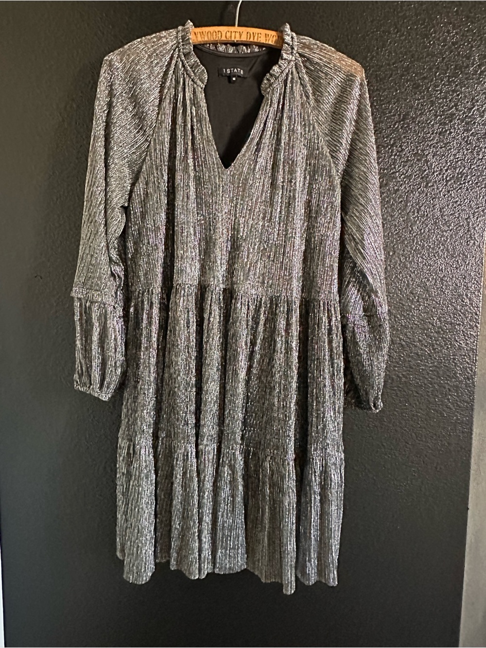 1. State Silver and Black Shimmery Tiered Long Sleeve Dress